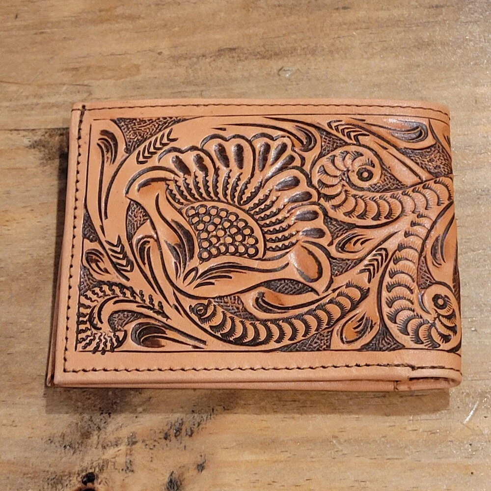 Rodeo Champion Buckle Leather Wallet Hand Tooled Western Team Roping AIRCA